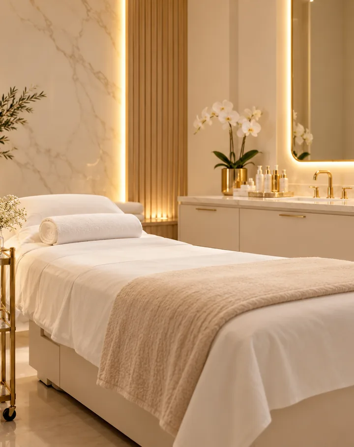 Sala de procedimentos estéticos com maca e ambiente relaxante