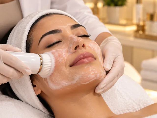 Limpeza de pele profissional com escova facial e espuma de higienização